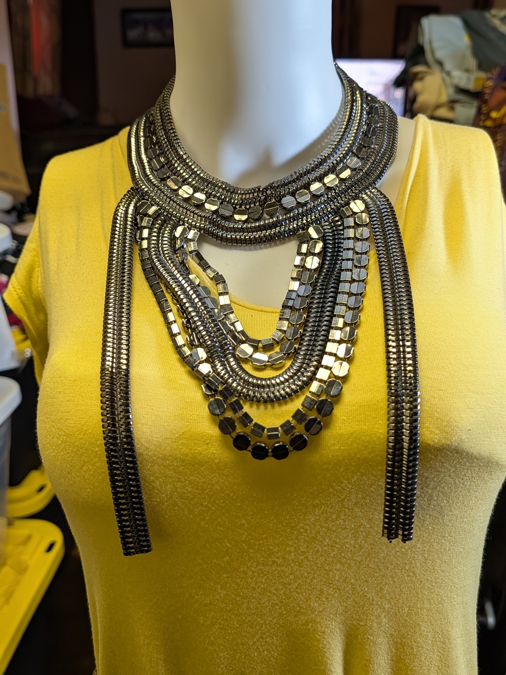 Multi-Layer Gunmetal Statement Necklace - Bold Metallic Accent